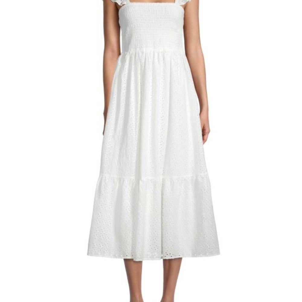 Nanette Lepore Embroidered Eyelet Smocked Midi White Dress